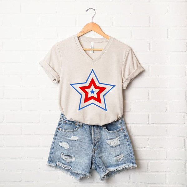 Patriotic Three Star Graphic V-Neck Tee