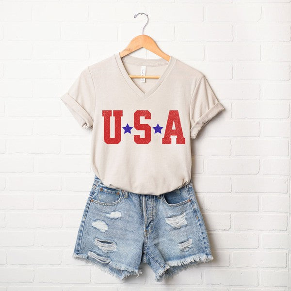 USA Stars Graphic V-Neck Tee