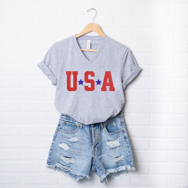 USA Stars Graphic V-Neck Tee