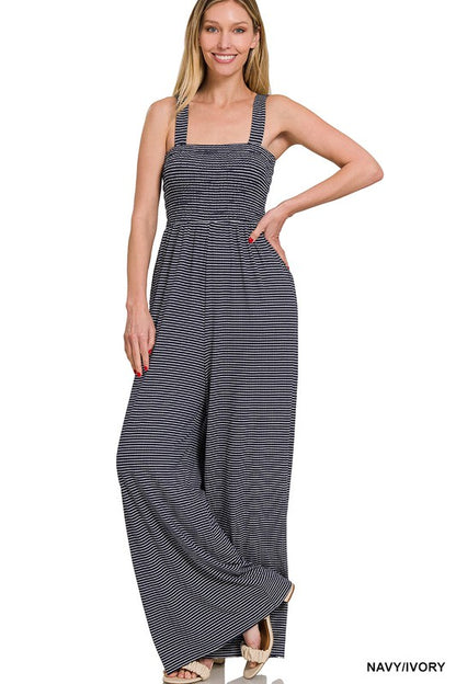 SMOCKED TOP STRIPED JUMPSUIT