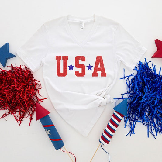 USA Stars Graphic V-Neck Tee