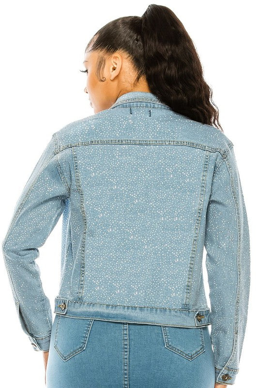 Bling Chip Rhinestone Attached Light Denim Jacket