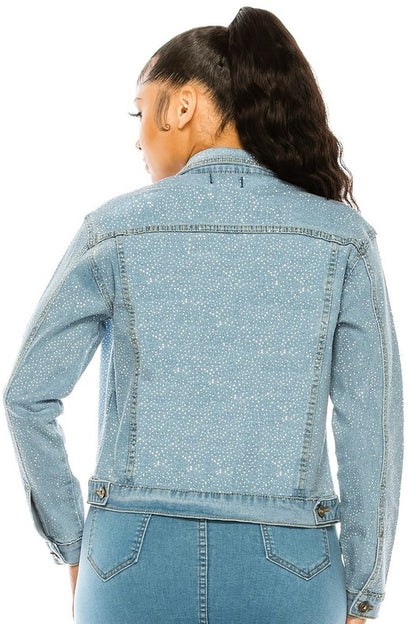 Bling Chip Rhinestone Attached Light Denim Jacket