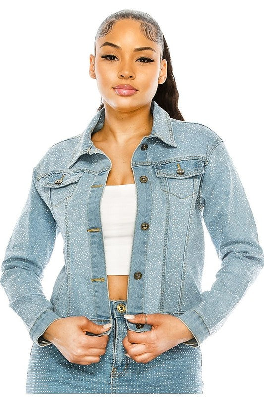 Bling Chip Rhinestone Attached Light Denim Jacket