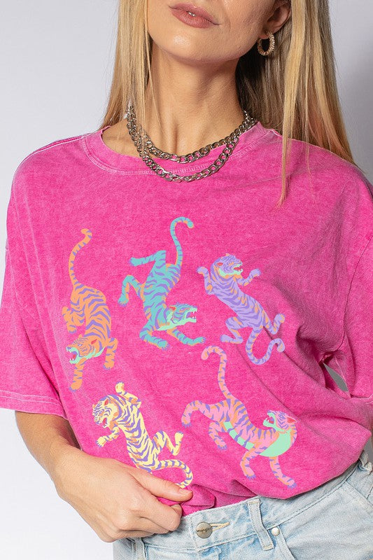 MINERAL WASHED COLORFUL TIGER SHORT SLEEVE TEE
